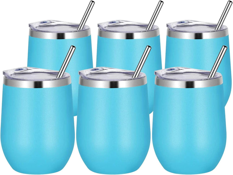 VEGOND Wine Tumblers Bulk 6 Pack, 12Oz Stainless Steel Stemless Wine Glass with Lids and Straws，Double Wall Vacuum Insulated Tumbler Cup, Coffee Mug for Cold Hot Drinks Home & Garden > Kitchen & Dining > Tableware > Drinkware VEGOND Blue 6 