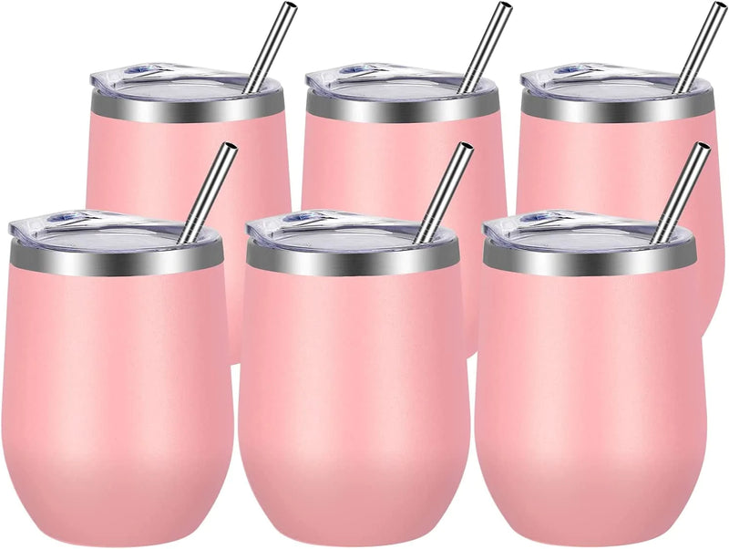 VEGOND Wine Tumblers Bulk 6 Pack, 12Oz Stainless Steel Stemless Wine Glass with Lids and Straws，Double Wall Vacuum Insulated Tumbler Cup, Coffee Mug for Cold Hot Drinks Home & Garden > Kitchen & Dining > Tableware > Drinkware VEGOND Pink 6 