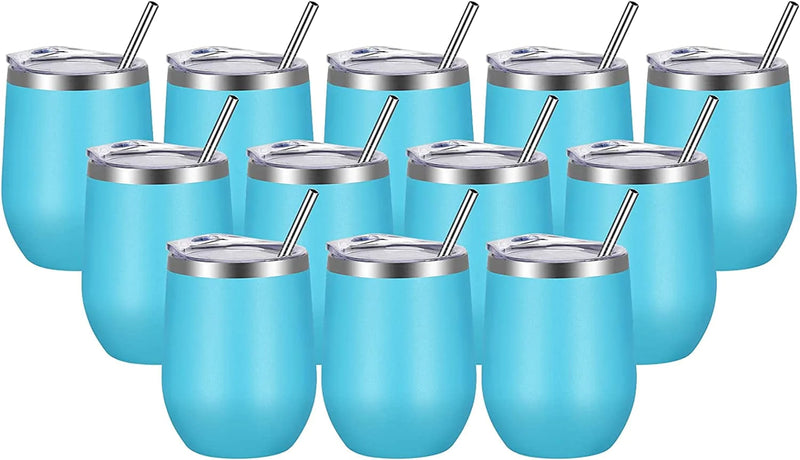 VEGOND Wine Tumblers Bulk 6 Pack, 12Oz Stainless Steel Stemless Wine Glass with Lids and Straws，Double Wall Vacuum Insulated Tumbler Cup, Coffee Mug for Cold Hot Drinks Home & Garden > Kitchen & Dining > Tableware > Drinkware VEGOND Light Blue 12 