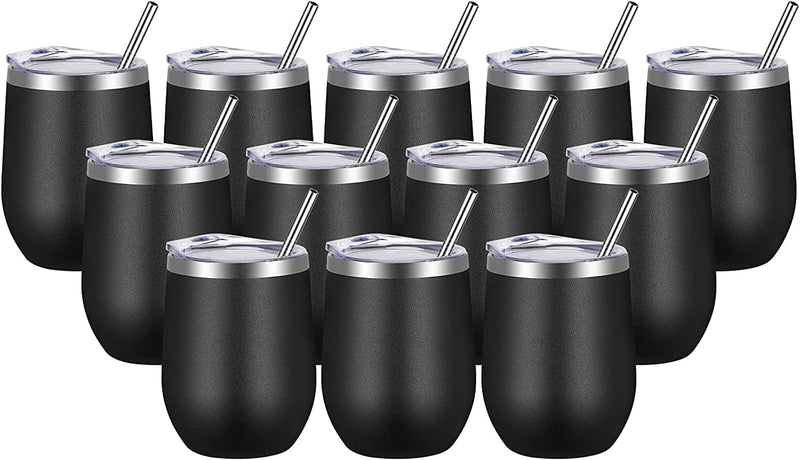 VEGOND Wine Tumblers Bulk 6 Pack, 12Oz Stainless Steel Stemless Wine Glass with Lids and Straws，Double Wall Vacuum Insulated Tumbler Cup, Coffee Mug for Cold Hot Drinks Home & Garden > Kitchen & Dining > Tableware > Drinkware VEGOND Black 12 