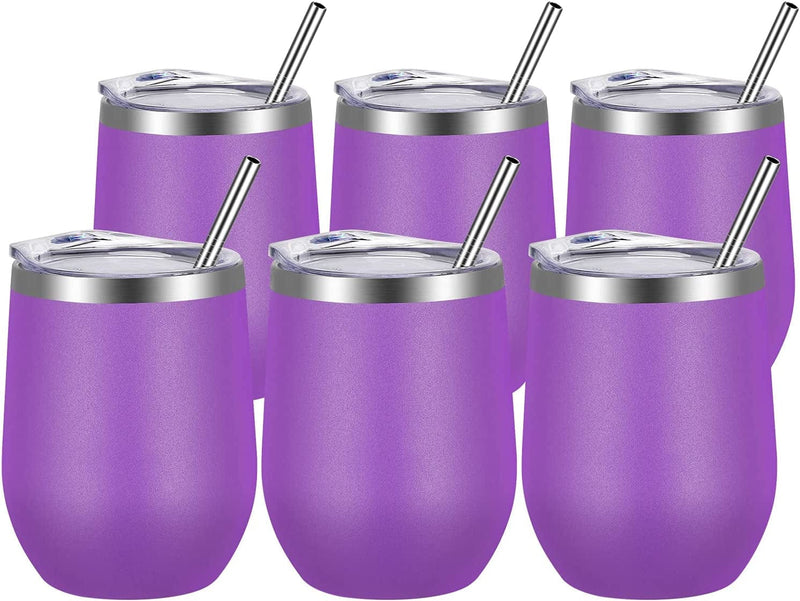VEGOND Wine Tumblers Bulk 6 Pack, 12Oz Stainless Steel Stemless Wine Glass with Lids and Straws，Double Wall Vacuum Insulated Tumbler Cup, Coffee Mug for Cold Hot Drinks Home & Garden > Kitchen & Dining > Tableware > Drinkware VEGOND Purple 6 