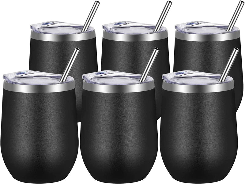 VEGOND Wine Tumblers Bulk 6 Pack, 12Oz Stainless Steel Stemless Wine Glass with Lids and Straws，Double Wall Vacuum Insulated Tumbler Cup, Coffee Mug for Cold Hot Drinks Home & Garden > Kitchen & Dining > Tableware > Drinkware VEGOND Black 6 