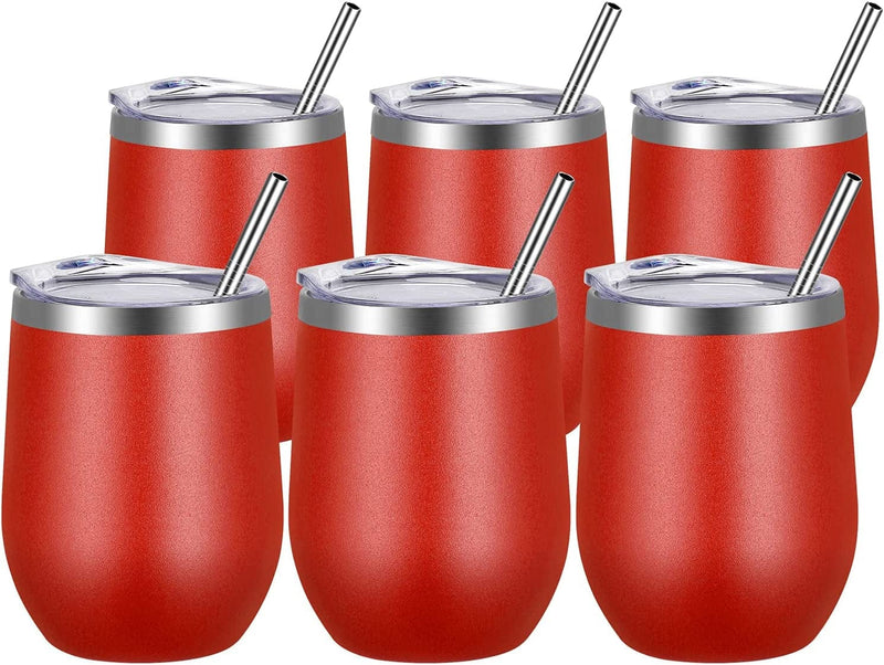 VEGOND Wine Tumblers Bulk 6 Pack, 12Oz Stainless Steel Stemless Wine Glass with Lids and Straws，Double Wall Vacuum Insulated Tumbler Cup, Coffee Mug for Cold Hot Drinks Home & Garden > Kitchen & Dining > Tableware > Drinkware VEGOND Red 6 