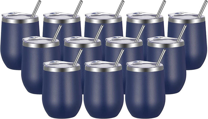VEGOND Wine Tumblers Bulk 6 Pack, 12Oz Stainless Steel Stemless Wine Glass with Lids and Straws，Double Wall Vacuum Insulated Tumbler Cup, Coffee Mug for Cold Hot Drinks Home & Garden > Kitchen & Dining > Tableware > Drinkware VEGOND Navy Blue 12 