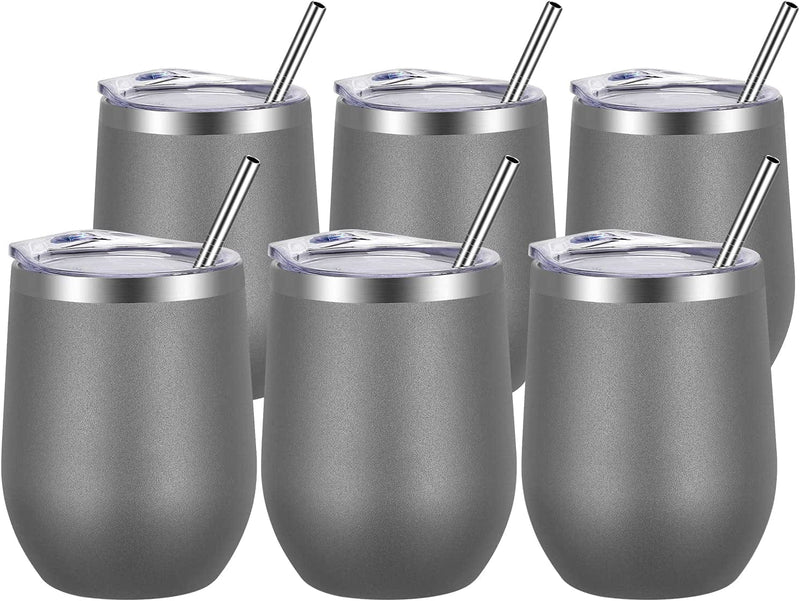 VEGOND Wine Tumblers Bulk 6 Pack, 12Oz Stainless Steel Stemless Wine Glass with Lids and Straws，Double Wall Vacuum Insulated Tumbler Cup, Coffee Mug for Cold Hot Drinks Home & Garden > Kitchen & Dining > Tableware > Drinkware VEGOND Gray 6 