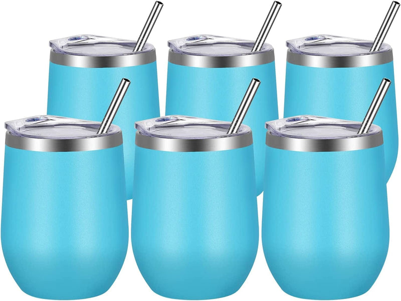 VEGOND Wine Tumblers Bulk 6 Pack, 12Oz Stainless Steel Stemless Wine Glass with Lids and Straws，Double Wall Vacuum Insulated Tumbler Cup, Coffee Mug for Cold Hot Drinks Home & Garden > Kitchen & Dining > Tableware > Drinkware VEGOND Light Blue 6 