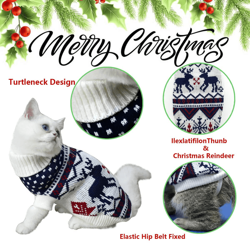Vehomy Christmas Dog Sweater Xmas Dog Cat Winter Clothes Xmas Kitten Turtleneck Pullover Knitwear with Christmas Tree Reindeers Snowflakes Pattern Puppy Warm Sweater for Kittens Small Dogs