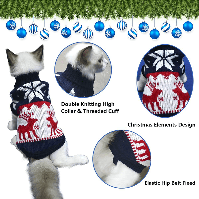 Vehomy Pet Puppy Christmas Sweater Cat Winter Knitwear Xmas Clothes Navy Blue Sweater with Reindeers Snowflakes Pattern Dog Warm Argyle Sweater Coat for Kittens Small Dogs Cats