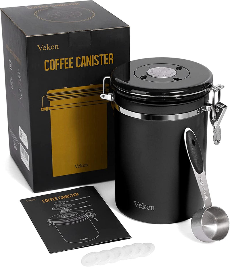 Veken Coffee Canister, Airtight Stainless Steel Kitchen Food Storage Container with Date Tracker and Scoop for Beans, Grounds, Tea, Flour, Cereal, Sugar, 22OZ, Black Home & Garden > Household Supplies > Storage & Organization Veken Black 22OZ 