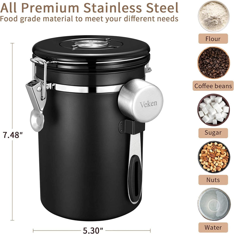 Veken Coffee Canister, Airtight Stainless Steel Kitchen Food Storage Container with Date Tracker and Scoop for Beans, Grounds, Tea, Flour, Cereal, Sugar, 22OZ, Black Home & Garden > Household Supplies > Storage & Organization Veken   
