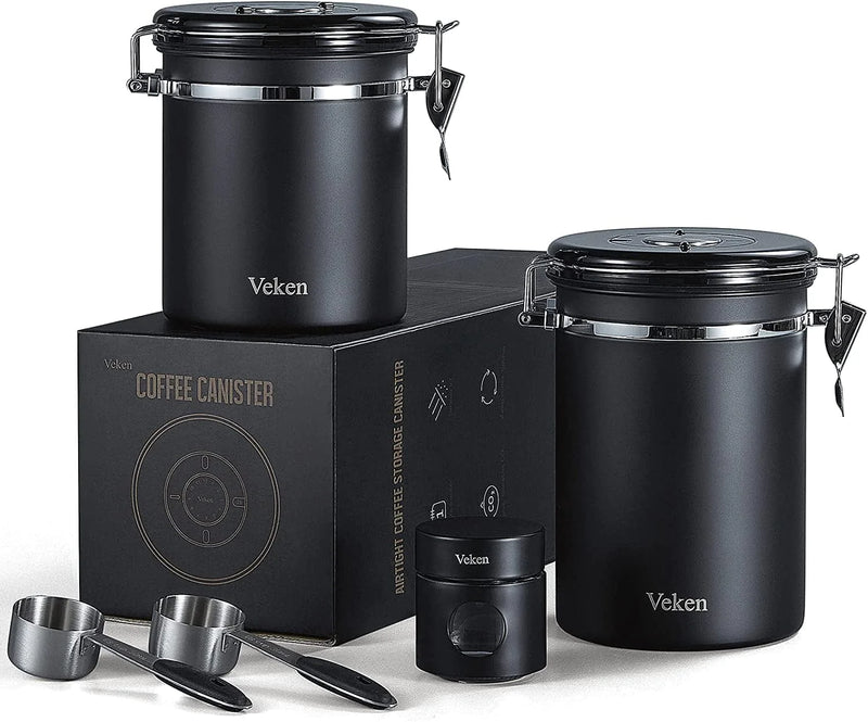 Veken Coffee Canister, Airtight Stainless Steel Kitchen Food Storage Container with Date Tracker and Scoop for Beans, Grounds, Tea, Flour, Cereal, Sugar, 22OZ, Black Home & Garden > Household Supplies > Storage & Organization Veken Black 22oz+16oz+1.1oz 
