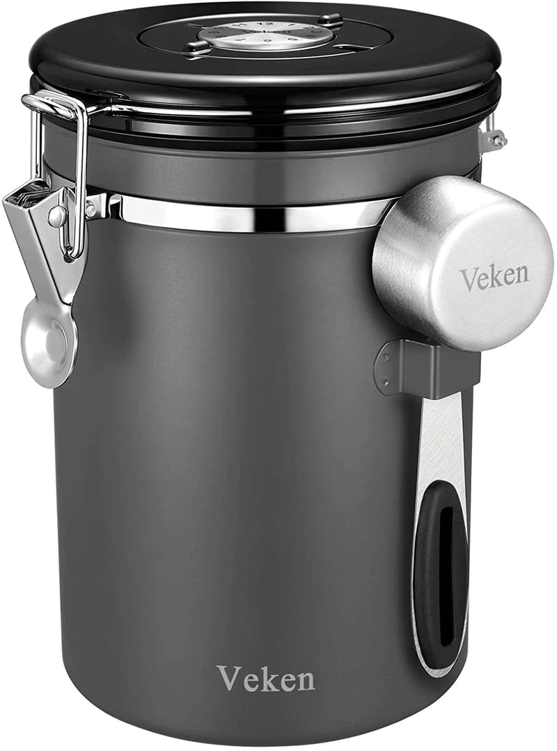 Veken Coffee Canister, Airtight Stainless Steel Kitchen Food Storage Container with Date Tracker and Scoop for Beans, Grounds, Tea, Flour, Cereal, Sugar, 22OZ, Black Home & Garden > Household Supplies > Storage & Organization Veken Grey 22OZ 