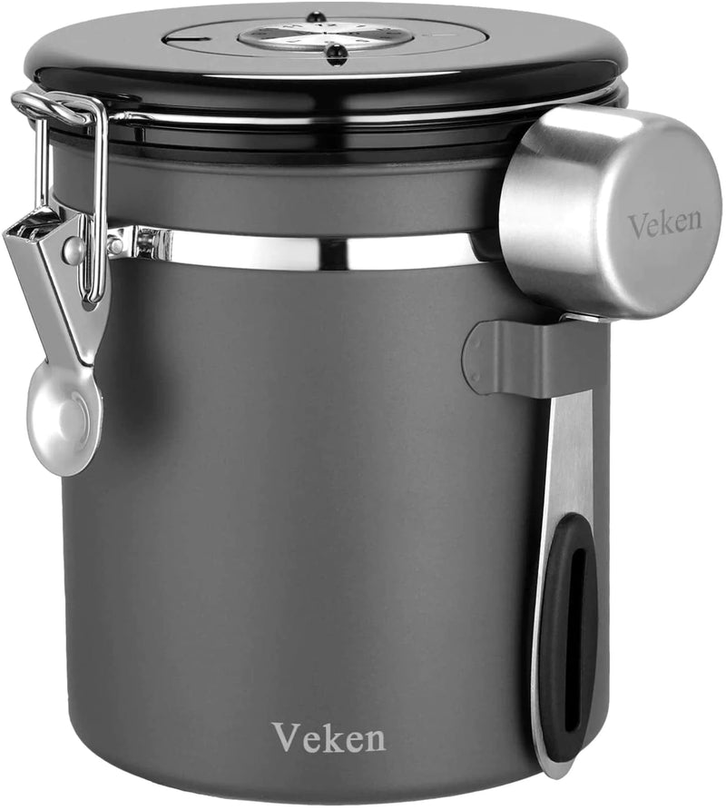 Veken Coffee Canister, Airtight Stainless Steel Kitchen Food Storage Container with Date Tracker and Scoop for Beans, Grounds, Tea, Flour, Cereal, Sugar, 22OZ, Black Home & Garden > Household Supplies > Storage & Organization Veken Grey 16OZ 
