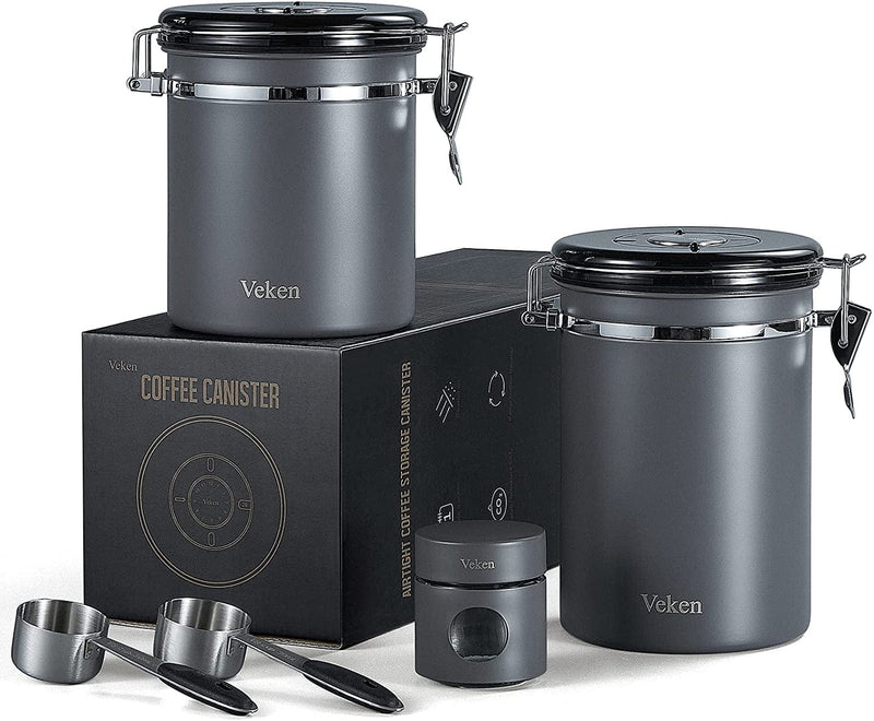 Veken Coffee Canister, Airtight Stainless Steel Kitchen Food Storage Container with Date Tracker and Scoop for Beans, Grounds, Tea, Flour, Cereal, Sugar, 22OZ, Black Home & Garden > Household Supplies > Storage & Organization Veken Grey 22oz+16oz+1.1oz 