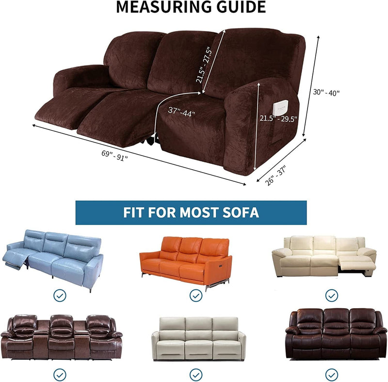 Velocvil 8 Pieces Recliner Sofa Covers for 3 Cushion Couch, Velvet Stretch Reclining Couch Cover for 3 Seat, Washable Furniture Protector Slipcover for Kids Dogs, Chocolate Home & Garden > Decor > Chair & Sofa Cushions VELOCVIL   