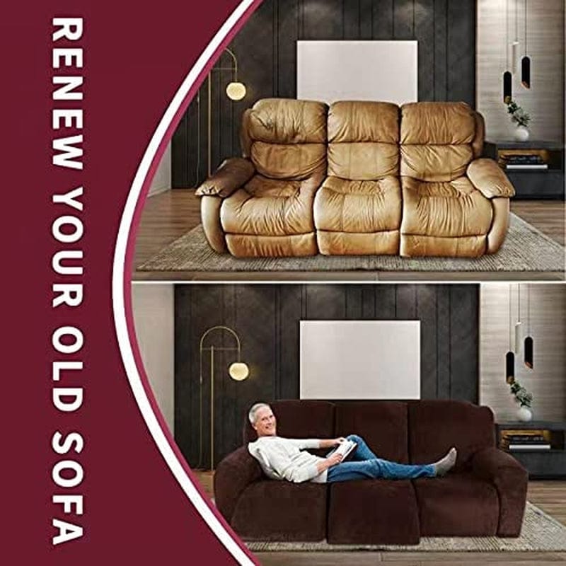 Velocvil 8 Pieces Recliner Sofa Covers for 3 Cushion Couch, Velvet Stretch Reclining Couch Cover for 3 Seat, Washable Furniture Protector Slipcover for Kids Dogs, Chocolate