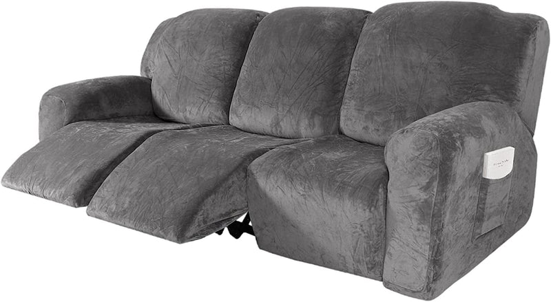 Velocvil 8 Pieces Recliner Sofa Covers for 3 Cushion Couch, Velvet Stretch Reclining Couch Cover for 3 Seat, Washable Furniture Protector Slipcover for Kids Dogs, Dark Grey Home & Garden > Decor > Chair & Sofa Cushions VELOCVIL   