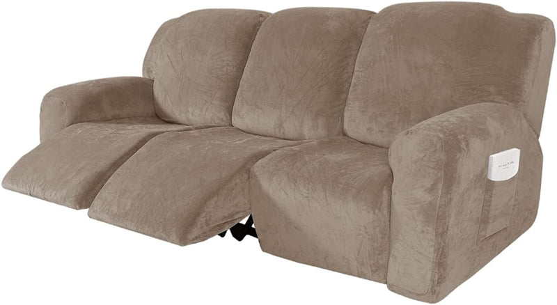 Velocvil 8 Pieces Recliner Sofa Covers for 3 Cushion Couch, Velvet Stretch Reclining Couch Cover for 3 Seat, Washable Furniture Protector Slipcover for Kids Dogs, Taupe