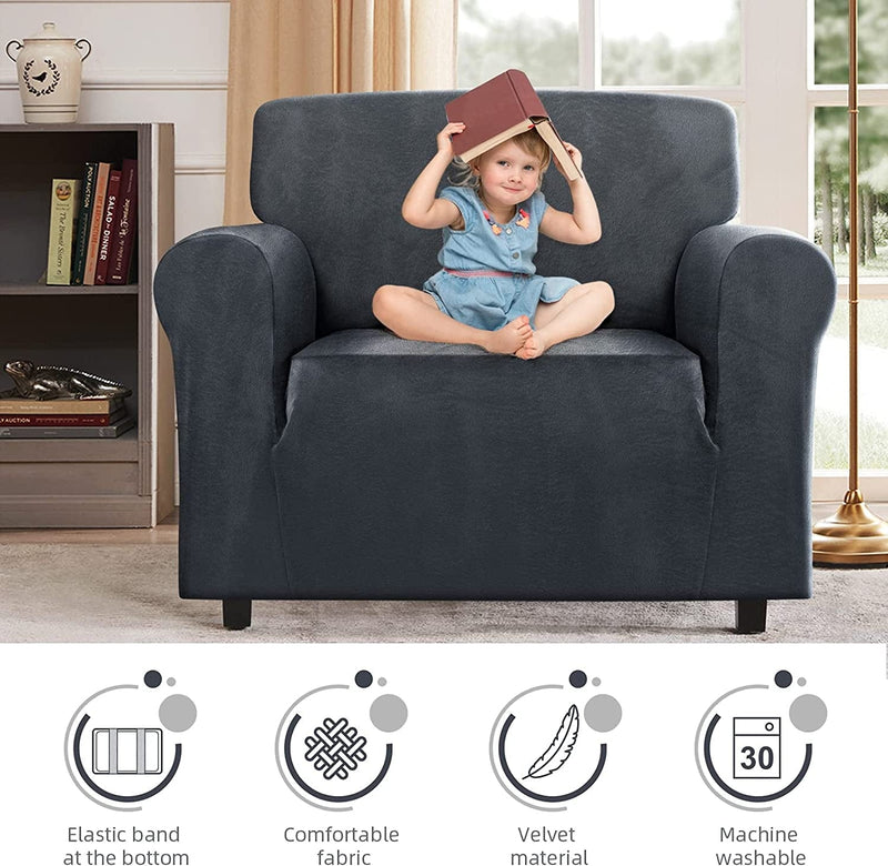 Velvet Chair Cover Stretch Armchair Slipcover Couch Cover for Chair, Soft Velour Chair Furniture Protector Cushion Covers with Elastic Bottom for Kids Pets Dogs, Grey Home & Garden > Decor > Chair & Sofa Cushions TAOCOCO   