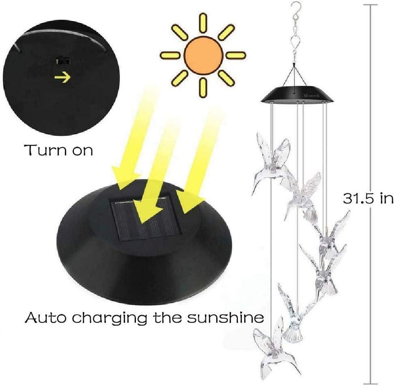 Vency Solar Power Lamp, Color Changing Solar Hummingbird Wind Chimes, LED Decorative Mobile, Waterproof Outdoor Decorative Lights for Patio Balcony Bedroom Party Yard Garden (Clear Wing Hummingbird)