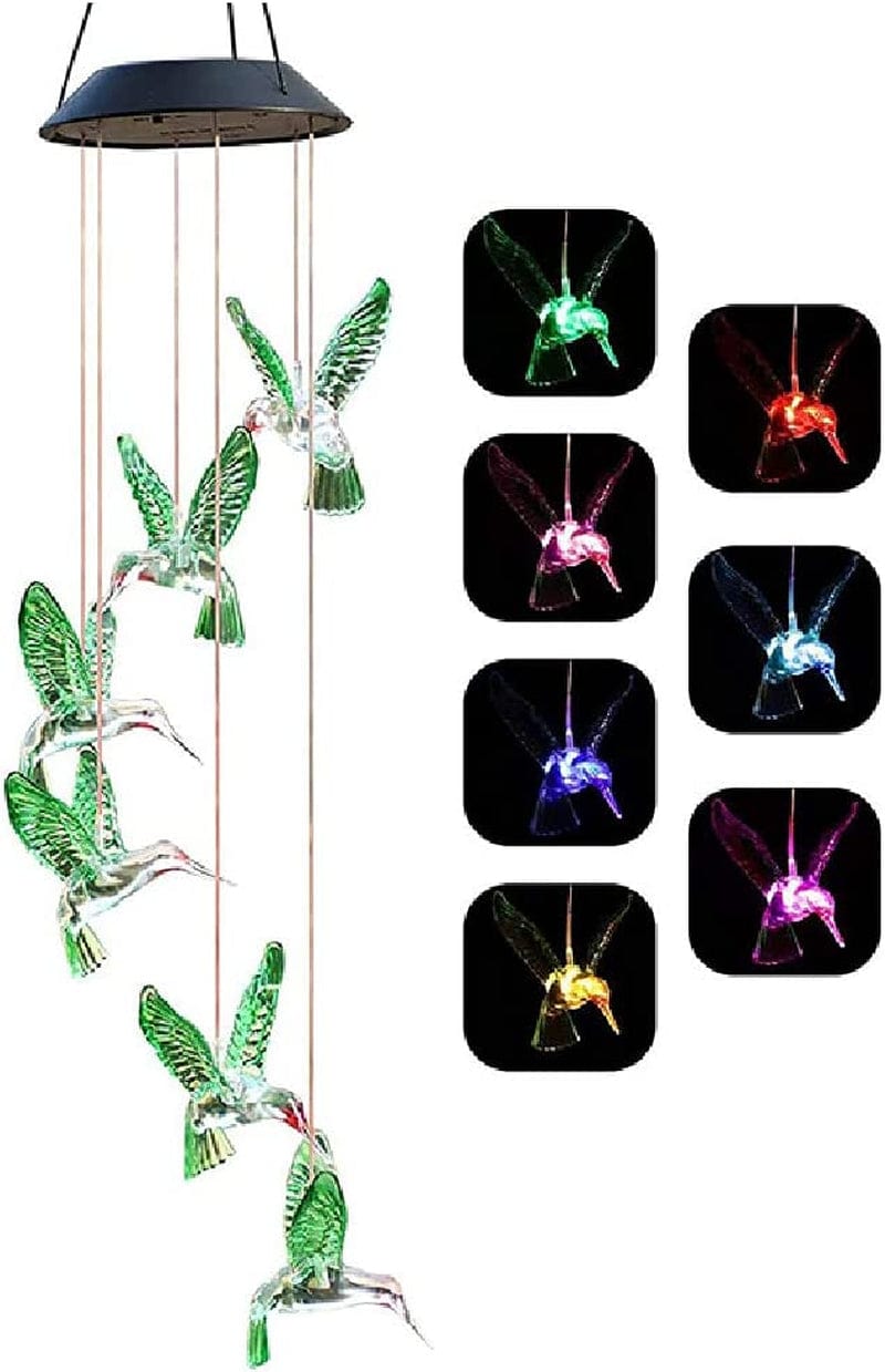 Vency Solar Power Lamp, Color Changing Solar Hummingbird Wind Chimes, LED Decorative Mobile, Waterproof Outdoor Decorative Lights for Patio Balcony Bedroom Party Yard Garden (Clear Wing Hummingbird)