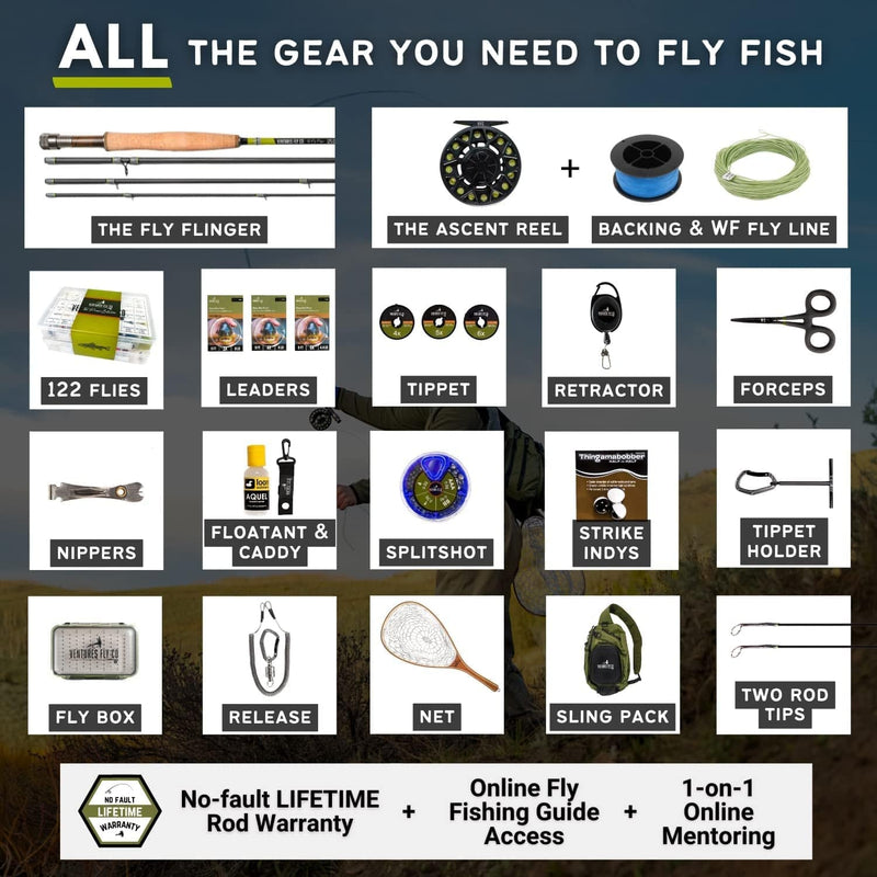 Ventures Fly Co. | Starter Packages | 23 Fly Fishing Accessories Complete Gear Combo | Perfect Beginner Kit | Includes Rod, Reel, Line, Flies, Leader, Tippet, Forceps, Nipper, Floatant & Net Sporting Goods > Outdoor Recreation > Fishing > Fishing Rods Ventures Fly Co.   