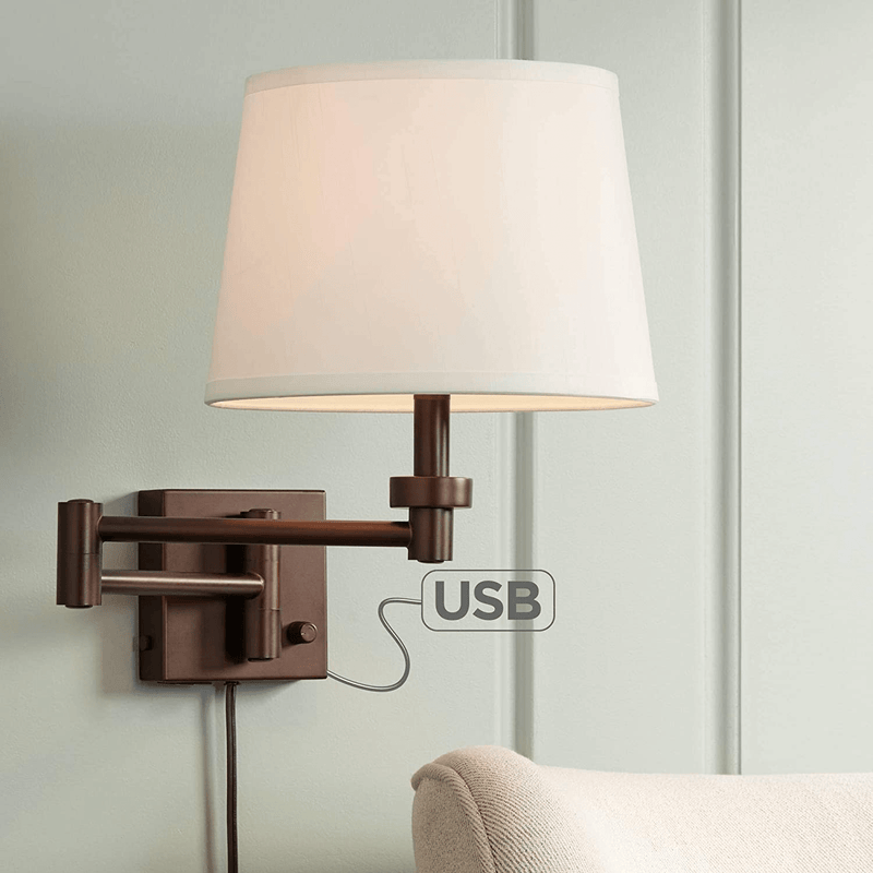 Vero Modern Swing Arm Wall Lamp with USB Charging Port Oil Rubbed Bronze Plug-In Light Fixture Cream Drum Shade for Bedroom Bedside House Reading Living Room Home Hallway Dining - 360 Lighting Home & Garden > Lighting > Lighting Fixtures > Wall Light Fixtures KOL DEALS   
