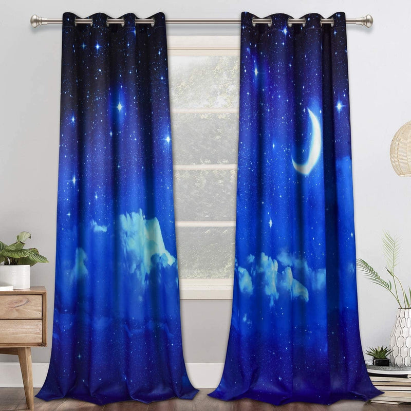 VERTKREA Star Night Landscape Window Curtain, Starry Night Scenery Curtains, Blue Night Sky Grommet Curtain with Stars Moon Cloud, 3D Printed Drapes for Room, Set of 2 Panels, 52 X 84 Inches Home & Garden > Decor > Window Treatments > Curtains & Drapes VERTKREA   