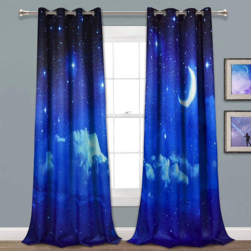 VERTKREA Star Night Landscape Window Curtain, Starry Night Scenery Curtains, Blue Night Sky Grommet Curtain with Stars Moon Cloud, 3D Printed Drapes for Room, Set of 2 Panels, 52 X 84 Inches Home & Garden > Decor > Window Treatments > Curtains & Drapes VERTKREA Blue 52" x 84" 