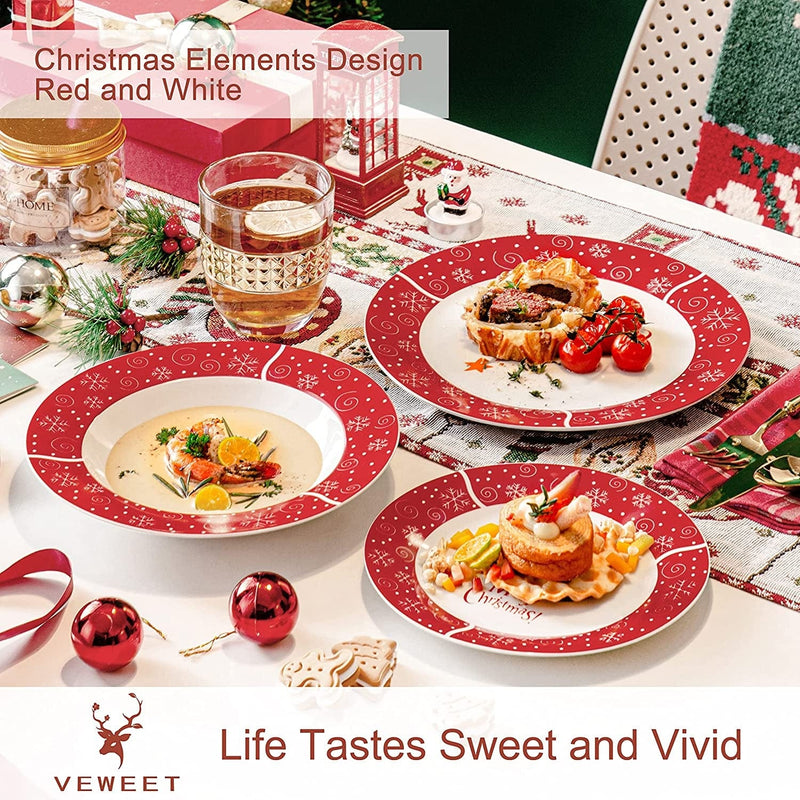 VEWEET Christmas Tree Dinnerware Sets for 6, 18 Piece Porcelain Christmas Dishes, Christmas Tree Tableware with Dinner Plate, Dessert Plate, Soup Plate, Service for 6, Christmas Tree Series Home & Garden > Kitchen & Dining > Tableware > Dinnerware VEWEET   
