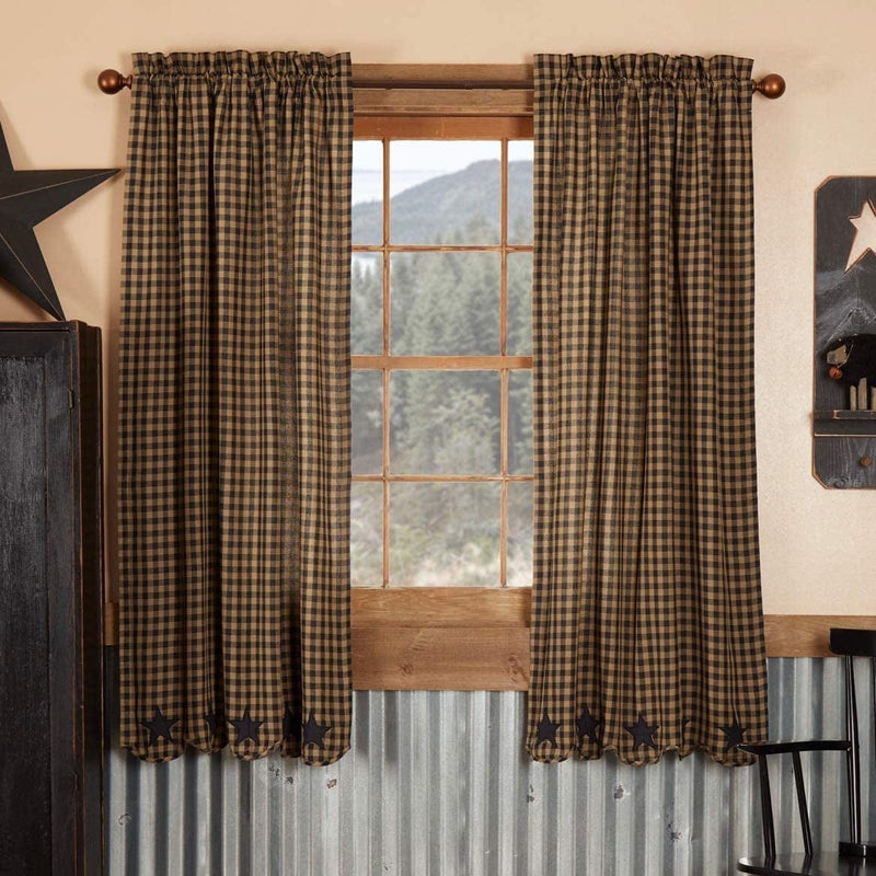 VHC Brands Black Star Scalloped Short Panel Set of 2 63X36 Country Curtains, Raven Black and Tan