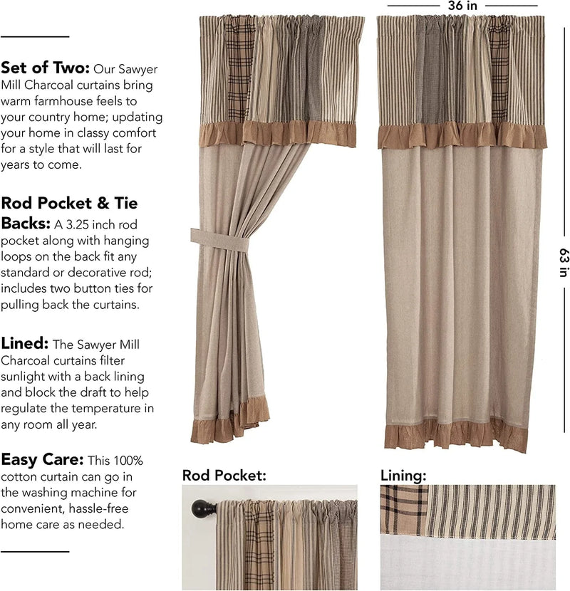 VHC Brands Sawyer Mill Curtain, Panel 63X36, Charcoal Khaki Tan Home & Garden > Decor > Window Treatments > Curtains & Drapes VHC Brands   