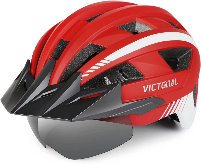 VICTGOAL Bike Helmet for Men Women with Led Light Detachable Magnetic Goggles Removable Sun Visor Mountain & Road Bicycle Helmets Adjustable Size Adult Cycling Helmets Sporting Goods > Outdoor Recreation > Cycling > Cycling Apparel & Accessories > Bicycle Helmets VICTGOAL Red L: 57-61 cm 