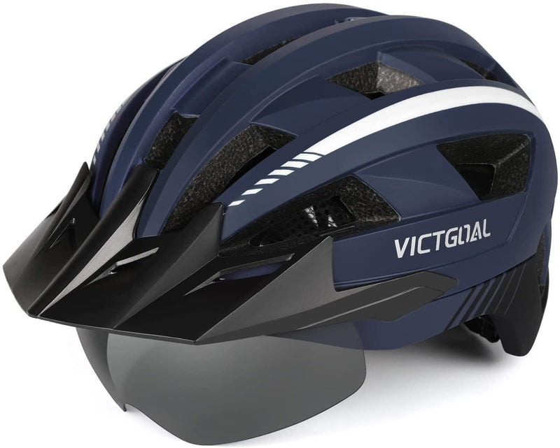 VICTGOAL Bike Helmet for Men Women with Led Light Detachable Magnetic Goggles Removable Sun Visor Mountain & Road Bicycle Helmets Adjustable Size Adult Cycling Helmets Sporting Goods > Outdoor Recreation > Cycling > Cycling Apparel & Accessories > Bicycle Helmets VICTGOAL Navy Blue L: 57-61 cm 