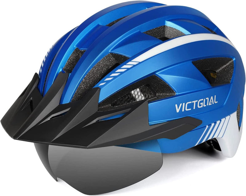 VICTGOAL Bike Helmet for Men Women with Led Light Detachable Magnetic Goggles Removable Sun Visor Mountain & Road Bicycle Helmets Adjustable Size Adult Cycling Helmets Sporting Goods > Outdoor Recreation > Cycling > Cycling Apparel & Accessories > Bicycle Helmets VICTGOAL Metal Blue L: 57-61 cm 