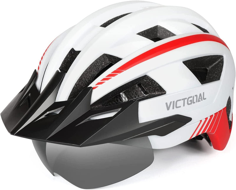 VICTGOAL Bike Helmet for Men Women with Led Light Detachable Magnetic Goggles Removable Sun Visor Mountain & Road Bicycle Helmets Adjustable Size Adult Cycling Helmets Sporting Goods > Outdoor Recreation > Cycling > Cycling Apparel & Accessories > Bicycle Helmets VICTGOAL White L: 57-61 cm 
