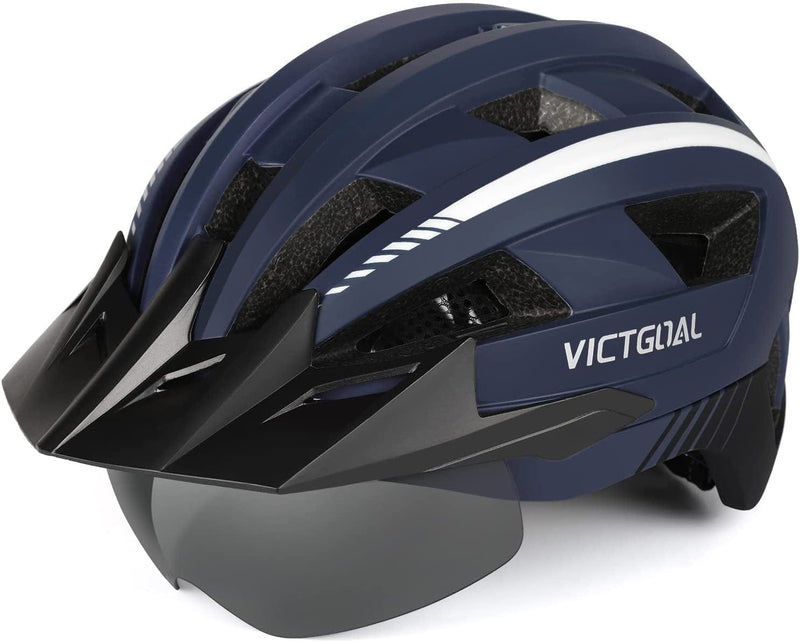 VICTGOAL Bike Helmet for Men Women with Led Light Detachable Magnetic Goggles Removable Sun Visor Mountain & Road Bicycle Helmets Adjustable Size Adult Cycling Helmets Sporting Goods > Outdoor Recreation > Cycling > Cycling Apparel & Accessories > Bicycle Helmets VICTGOAL Navy Blue XL: 59-63 cm 