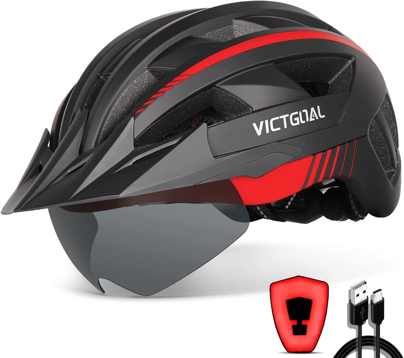 VICTGOAL Bike Helmet with USB Rechargeable Rear Light Detachable Magnetic Goggles Removable Sun Visor Mountain & Road Bicycle Helmets for Men Women Adult Cycling Helmets Sporting Goods > Outdoor Recreation > Cycling > Cycling Apparel & Accessories > Bicycle Helmets VICTGOAL Black Red L: 57-61 cm 