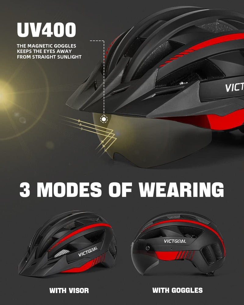 VICTGOAL Bike Helmet with USB Rechargeable Rear Light Detachable Magnetic Goggles Removable Sun Visor Mountain & Road Bicycle Helmets for Men Women Adult Cycling Helmets Sporting Goods > Outdoor Recreation > Cycling > Cycling Apparel & Accessories > Bicycle Helmets VICTGOAL   