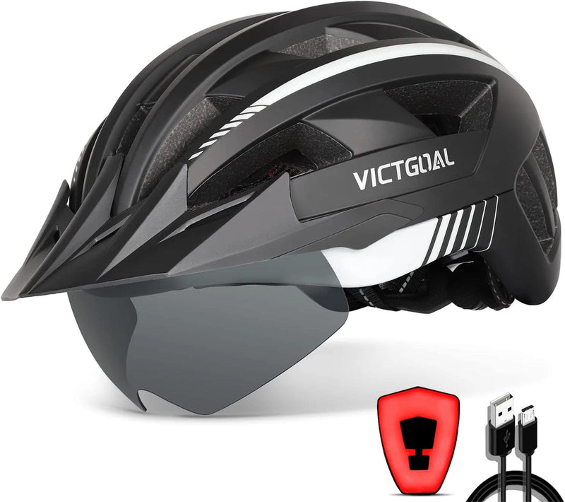 VICTGOAL Bike Helmet with USB Rechargeable Rear Light Detachable Magnetic Goggles Removable Sun Visor Mountain & Road Bicycle Helmets for Men Women Adult Cycling Helmets Sporting Goods > Outdoor Recreation > Cycling > Cycling Apparel & Accessories > Bicycle Helmets VICTGOAL Black White L: 57-61 cm 