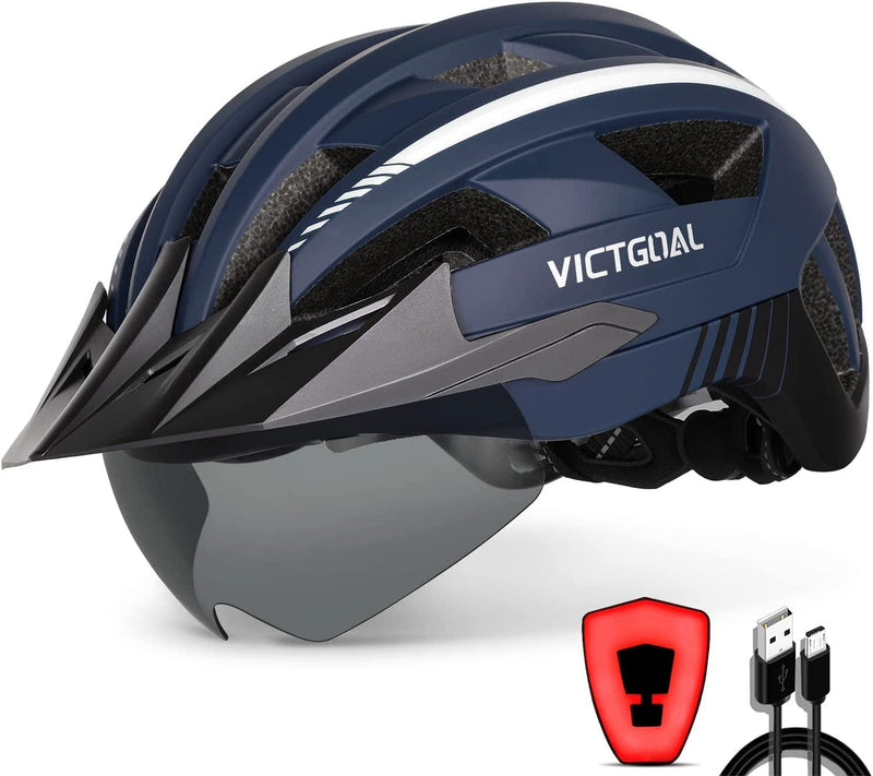 VICTGOAL Bike Helmet with USB Rechargeable Rear Light Detachable Magnetic Goggles Removable Sun Visor Mountain & Road Bicycle Helmets for Men Women Adult Cycling Helmets Sporting Goods > Outdoor Recreation > Cycling > Cycling Apparel & Accessories > Bicycle Helmets VICTGOAL Navy Blue L: 57-61 cm 