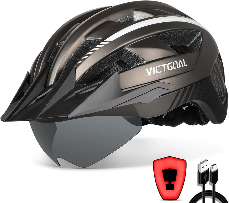 VICTGOAL Bike Helmet with USB Rechargeable Rear Light Detachable Magnetic Goggles Removable Sun Visor Mountain & Road Bicycle Helmets for Men Women Adult Cycling Helmets Sporting Goods > Outdoor Recreation > Cycling > Cycling Apparel & Accessories > Bicycle Helmets VICTGOAL Ti M: 54-58 cm 