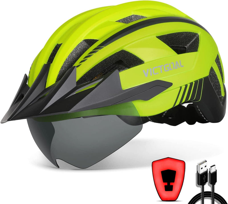 VICTGOAL Bike Helmet with USB Rechargeable Rear Light Detachable Magnetic Goggles Removable Sun Visor Mountain & Road Bicycle Helmets for Men Women Adult Cycling Helmets Sporting Goods > Outdoor Recreation > Cycling > Cycling Apparel & Accessories > Bicycle Helmets VICTGOAL Yellow L: 57-61 cm 