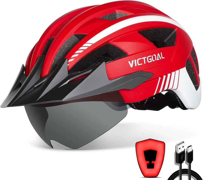 VICTGOAL Bike Helmet with USB Rechargeable Rear Light Detachable Magnetic Goggles Removable Sun Visor Mountain & Road Bicycle Helmets for Men Women Adult Cycling Helmets Sporting Goods > Outdoor Recreation > Cycling > Cycling Apparel & Accessories > Bicycle Helmets VICTGOAL Red L: 57-61 cm 