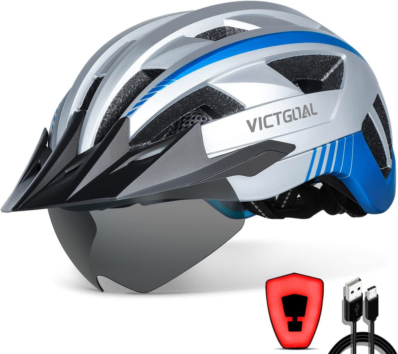 VICTGOAL Bike Helmet with USB Rechargeable Rear Light Detachable Magnetic Goggles Removable Sun Visor Mountain & Road Bicycle Helmets for Men Women Adult Cycling Helmets Sporting Goods > Outdoor Recreation > Cycling > Cycling Apparel & Accessories > Bicycle Helmets VICTGOAL Silver XL: 59-63 cm 