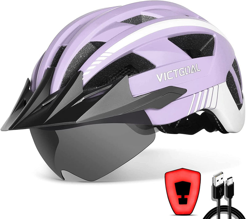 VICTGOAL Bike Helmet with USB Rechargeable Rear Light Detachable Magnetic Goggles Removable Sun Visor Mountain & Road Bicycle Helmets for Men Women Adult Cycling Helmets Sporting Goods > Outdoor Recreation > Cycling > Cycling Apparel & Accessories > Bicycle Helmets VICTGOAL Purple L: 57-61 cm 