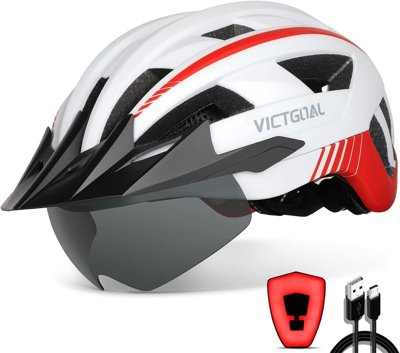 VICTGOAL Bike Helmet with USB Rechargeable Rear Light Detachable Magnetic Goggles Removable Sun Visor Mountain & Road Bicycle Helmets for Men Women Adult Cycling Helmets Sporting Goods > Outdoor Recreation > Cycling > Cycling Apparel & Accessories > Bicycle Helmets VICTGOAL White M: 54-58 cm 