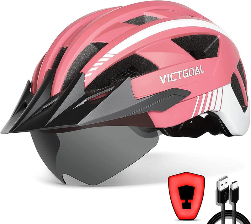 VICTGOAL Bike Helmet with USB Rechargeable Rear Light Detachable Magnetic Goggles Removable Sun Visor Mountain & Road Bicycle Helmets for Men Women Adult Cycling Helmets Sporting Goods > Outdoor Recreation > Cycling > Cycling Apparel & Accessories > Bicycle Helmets VICTGOAL Pink L: 57-61 cm 
