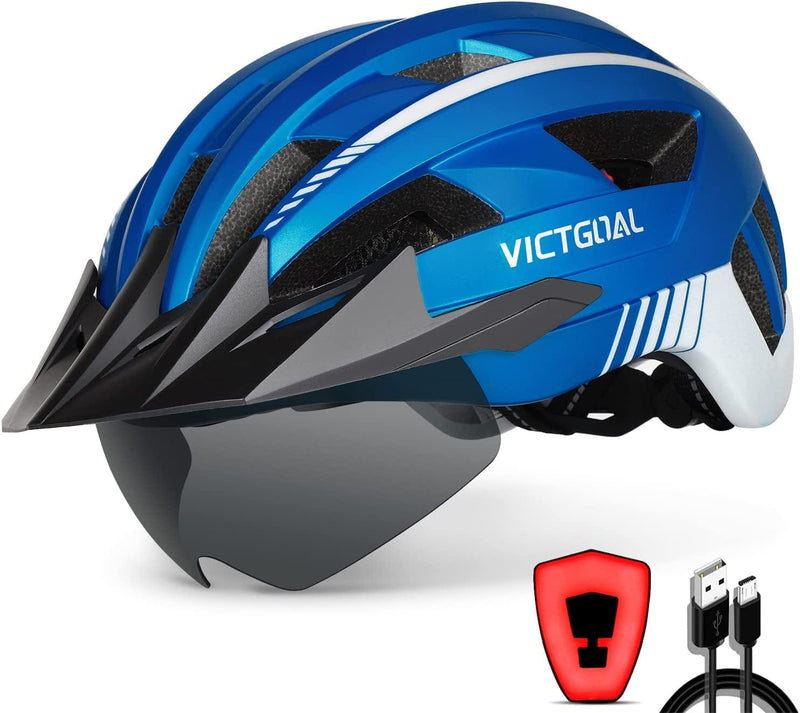 VICTGOAL Bike Helmet with USB Rechargeable Rear Light Detachable Magnetic Goggles Removable Sun Visor Mountain & Road Bicycle Helmets for Men Women Adult Cycling Helmets Sporting Goods > Outdoor Recreation > Cycling > Cycling Apparel & Accessories > Bicycle Helmets VICTGOAL Metal Blue XL: 59-63 cm 