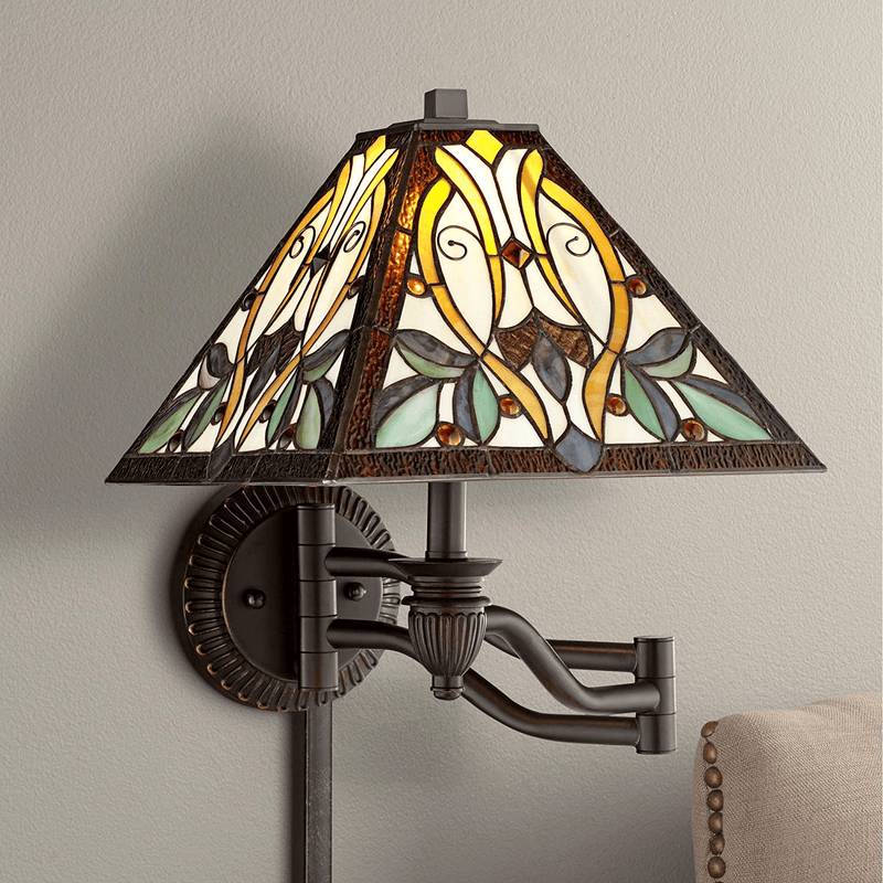 Victorian Tiffany Style Swing Arm Wall Lamp Bronze Plug-In Light Fixture Dimmable Multi Colored Stained Glass for Bedroom Bedside House Reading Living Room Home Hallway Dining - Robert Louis Tiffany Home & Garden > Lighting > Lighting Fixtures > Wall Light Fixtures KOL DEALS   